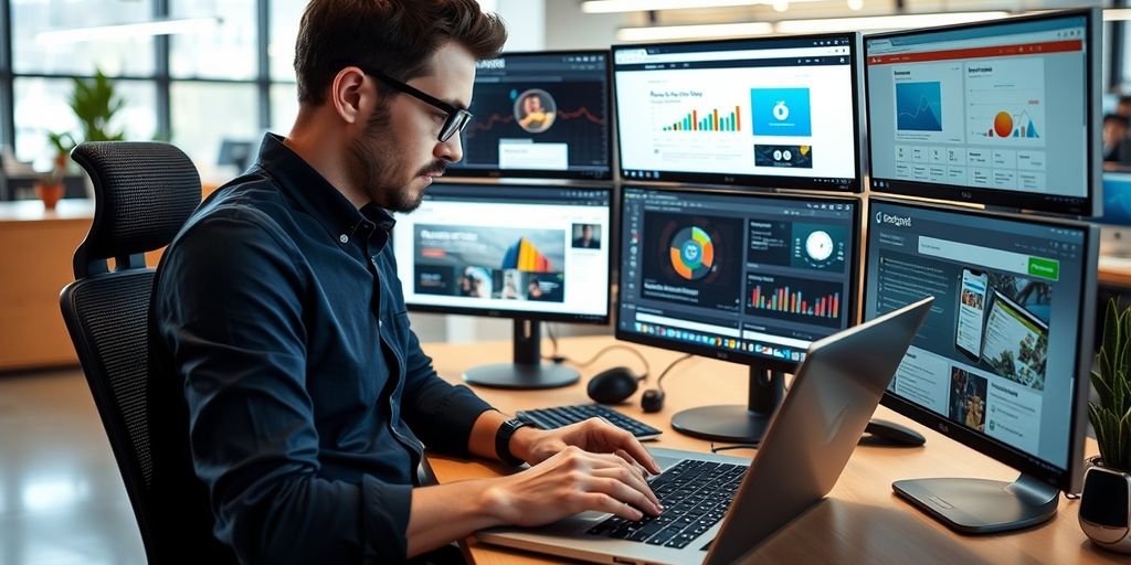 Tech entrepreneur at desk with multiple screens.