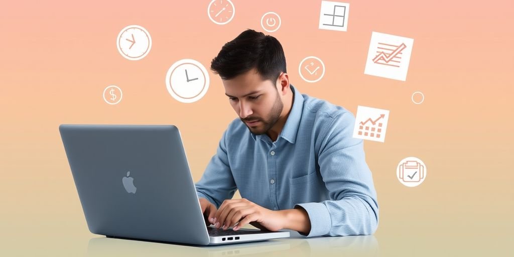 Person using laptop with productivity icons