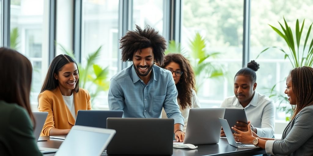 Professionals collaborating in a modern office.