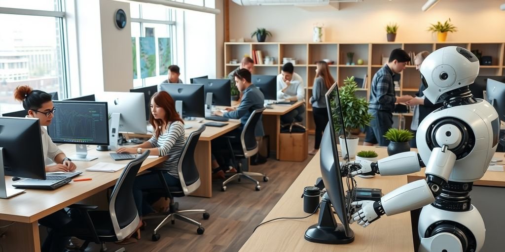 Robot assisting customer in busy startup office