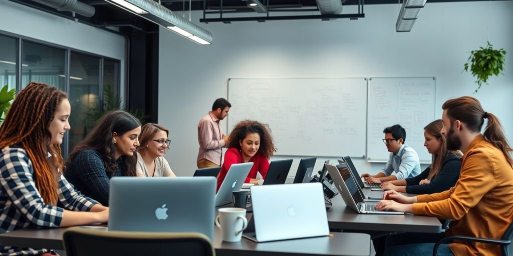 Startup team collaborating in a modern office