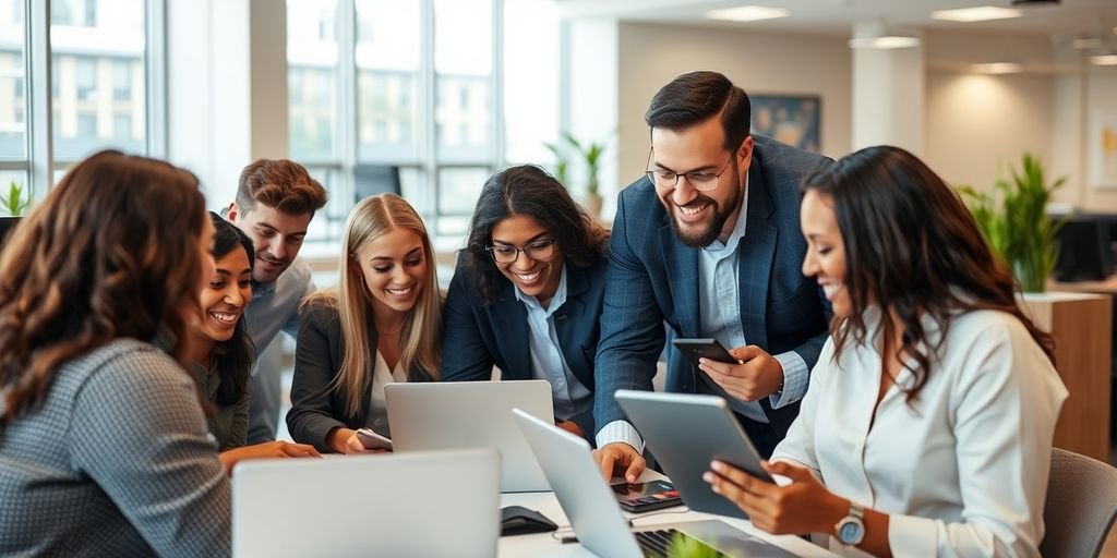 Professionals collaborating in a modern office