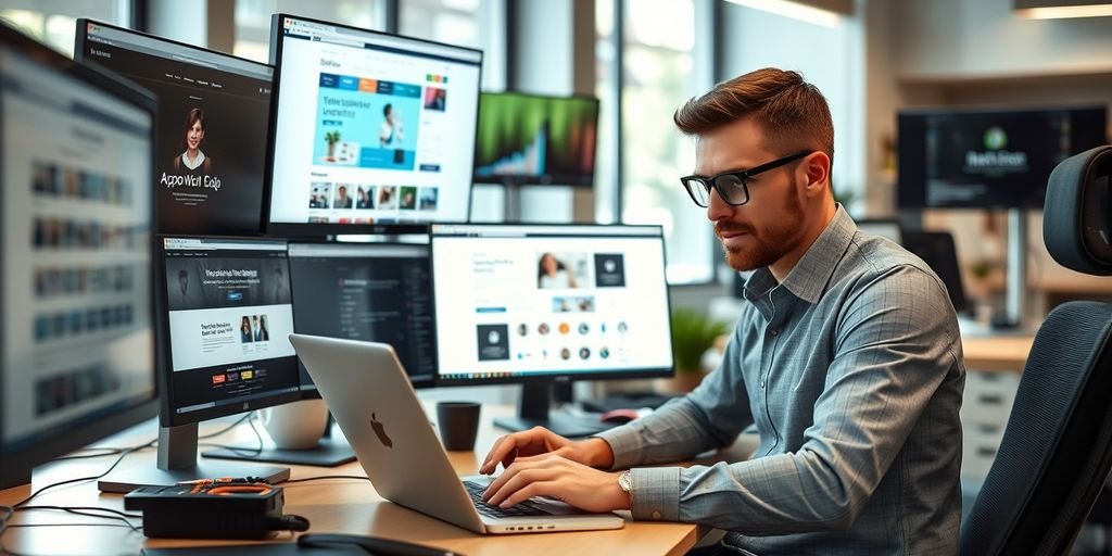 Tech entrepreneur working with multiple screens in office