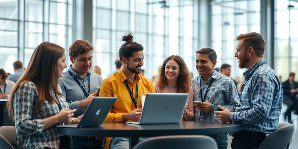 Tech entrepreneurs networking at a modern conference.