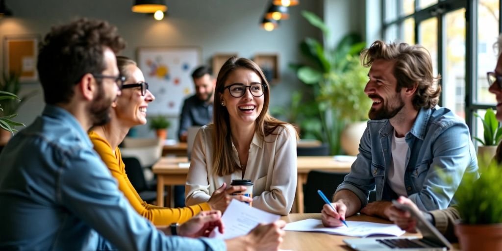 Diverse professionals collaborating in a modern office space.