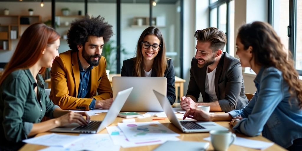 Group of entrepreneurs collaborating in a modern office.