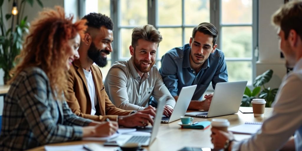 Group of entrepreneurs collaborating in a modern workspace.