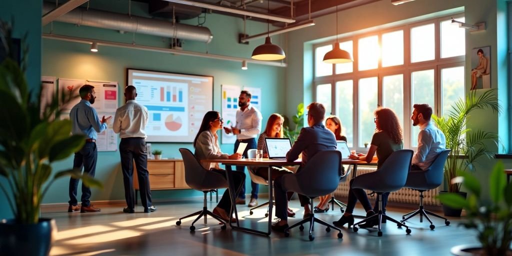 Diverse entrepreneurs collaborating in a modern workspace.