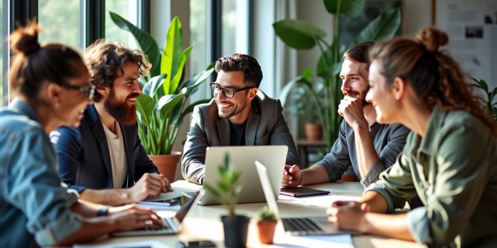 Group of entrepreneurs collaborating in a modern workspace.