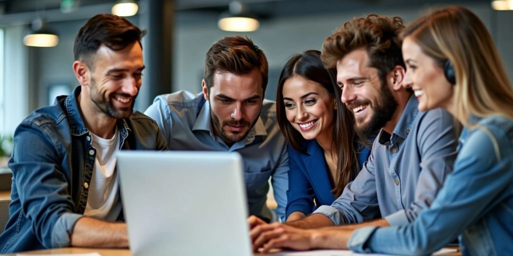 Group of professionals collaborating on a laptop in an office.