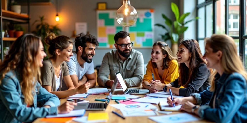 Group of entrepreneurs brainstorming in a vibrant workspace.