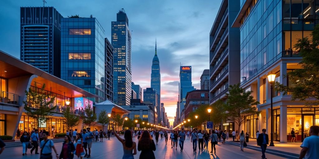 City skyline at dusk with illuminated buildings and people.