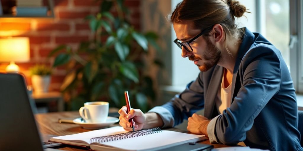 Entrepreneur at desk with planner and laptop, focused.