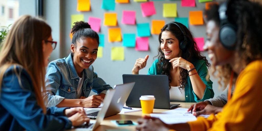 Diverse entrepreneurs collaborating in a vibrant workspace.