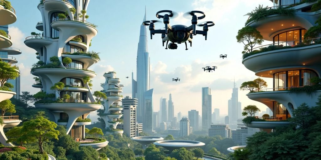 Futuristic city skyline with greenery and drones flying.