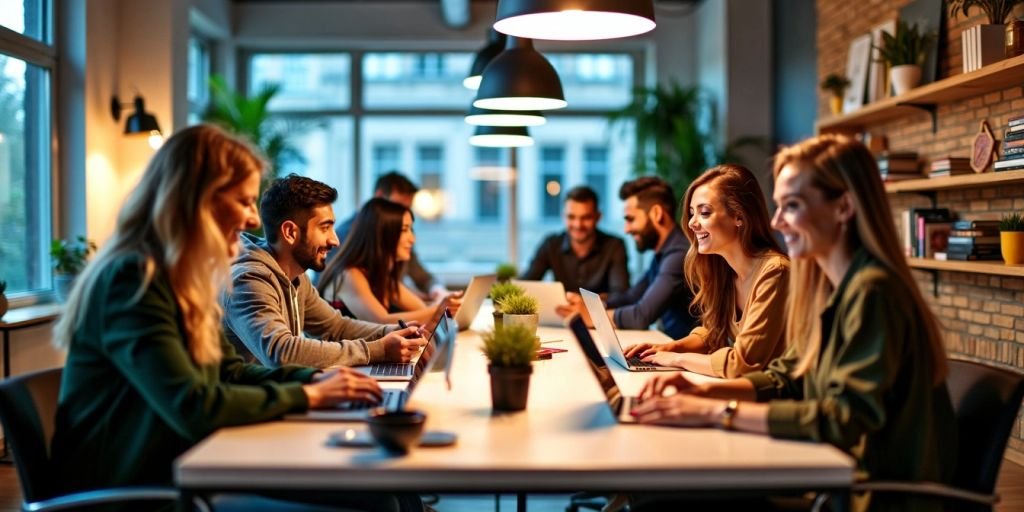 Diverse entrepreneurs collaborating in a vibrant startup workspace.