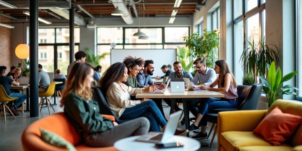 Diverse entrepreneurs collaborating in a modern startup workspace.