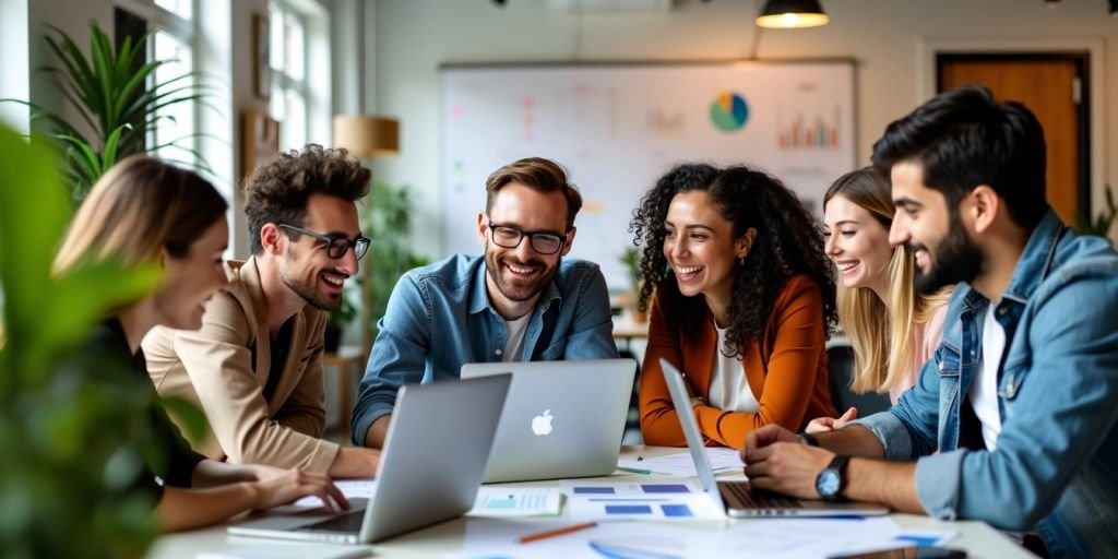 Diverse entrepreneurs collaborating in a modern workspace.