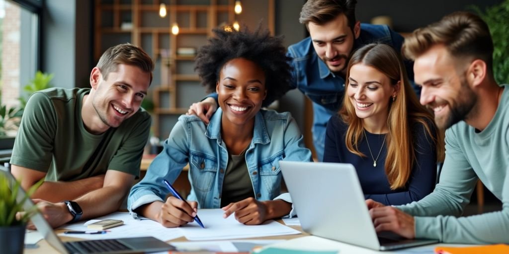 Group of entrepreneurs collaborating in a modern office.