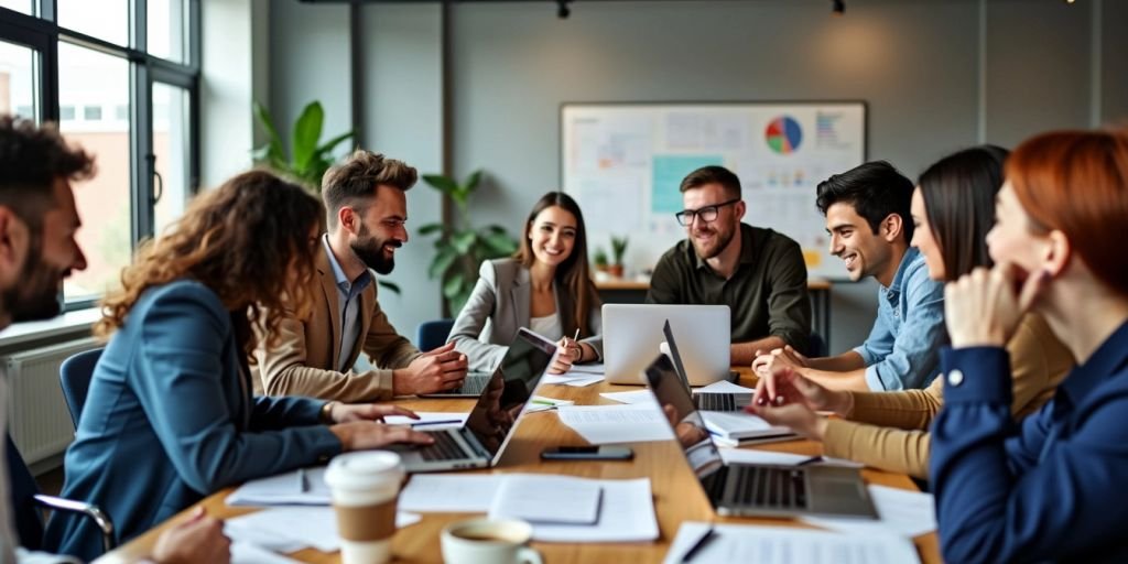 Group of entrepreneurs collaborating in a modern office.