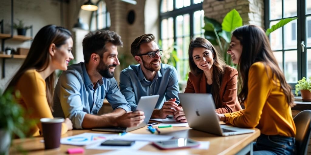 Group of entrepreneurs collaborating in a bright workspace.