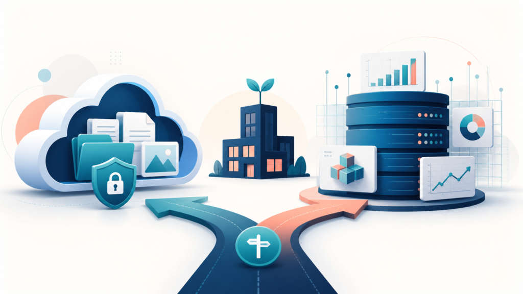 Illustration comparing secure cloud file storage with a startup data warehouse and analytics.