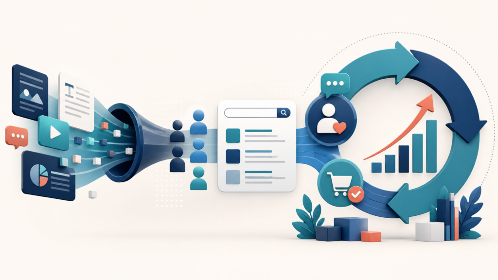Content marketing journey turning useful media and search visibility into business growth.