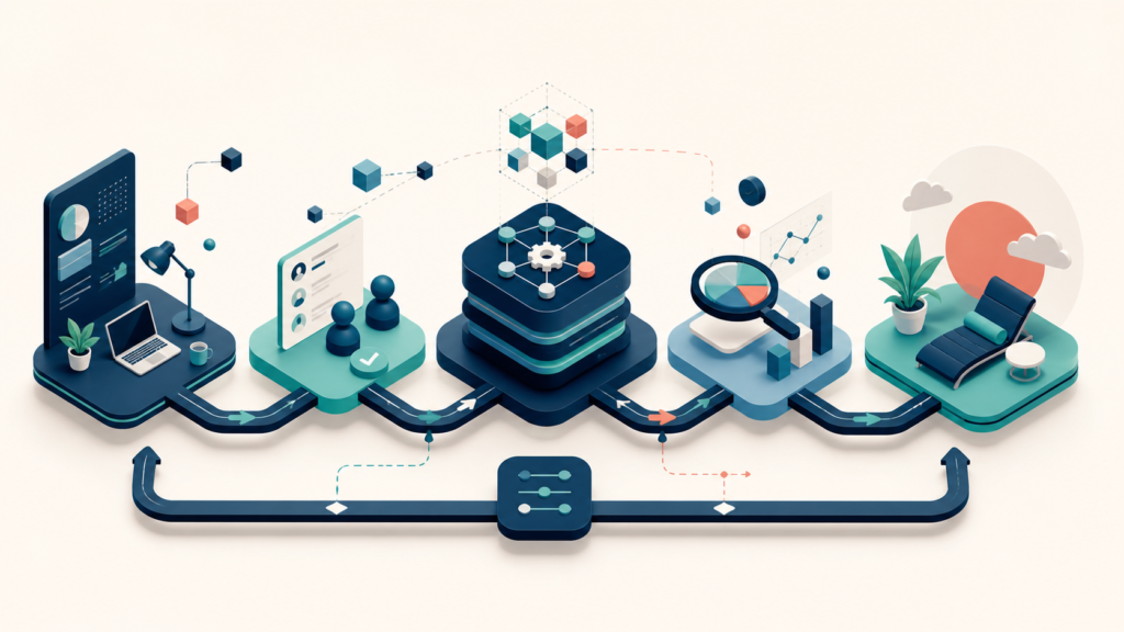 Connected startup workflow combining focus, delegation, analytics, and recovery.