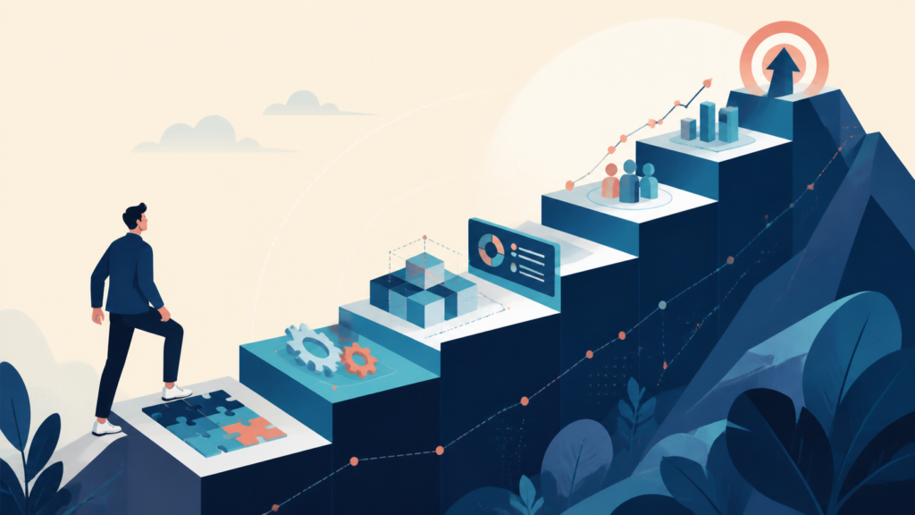 Tech entrepreneur climbing a sequence of scalable systems toward sustainable growth.