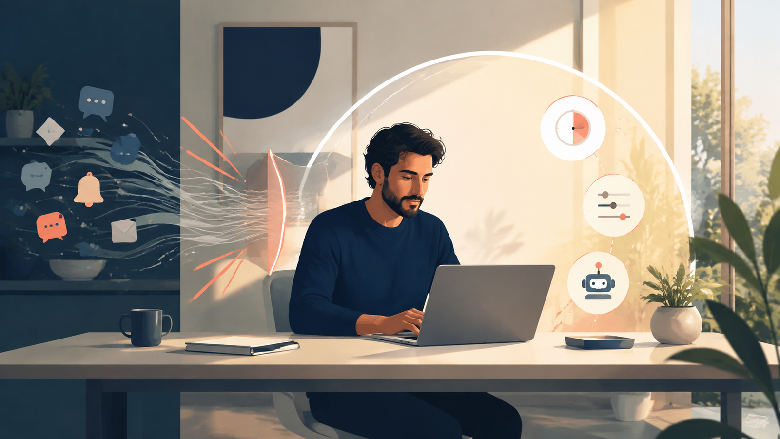 Founder using technology to protect a focused work session from digital distractions