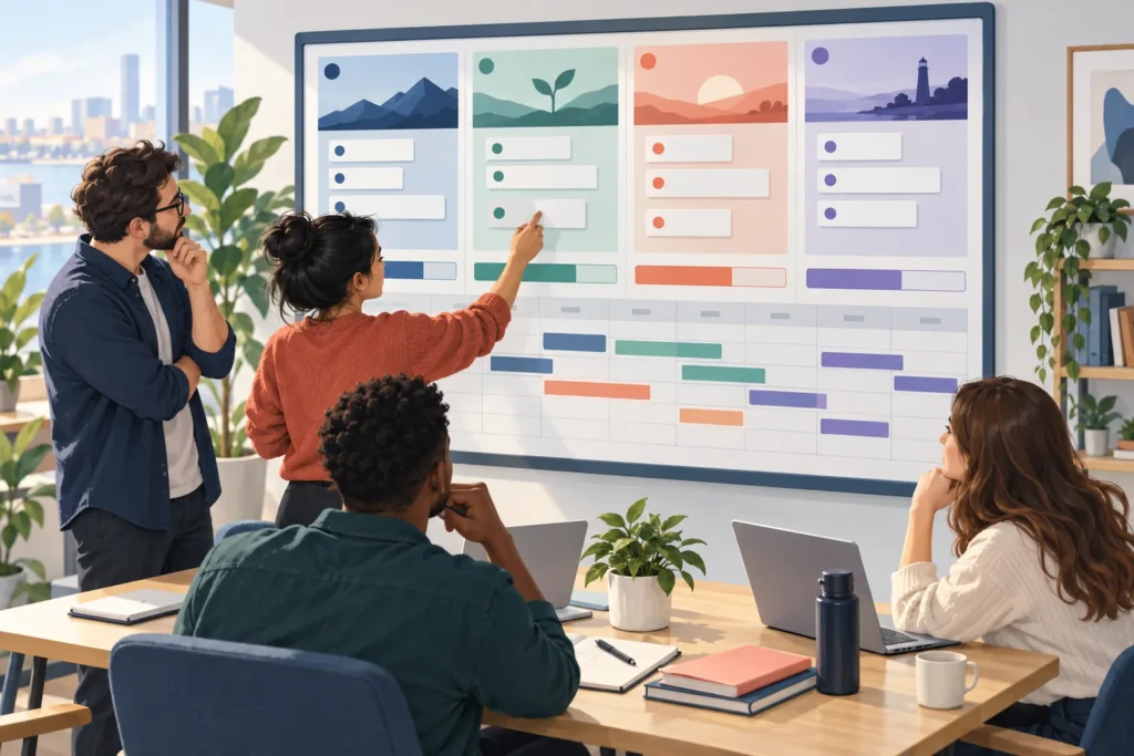 Startup team reviewing capacity bars and timelines across four projects